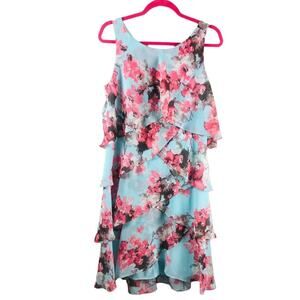 Womens Blue Floral Ruffled Flowy Tiered Midi Scoop Neck Sleeveless Dress